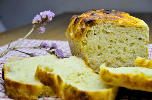 Loaf of focaccia bread sliced from PanDeSour